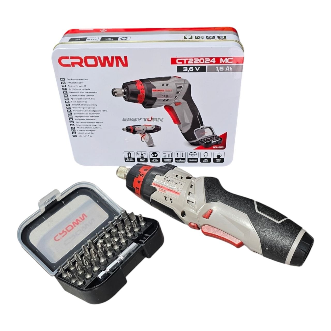 Tournevis sans fil 3.6V avec coffret d'embouts (Marque : CROWN - Modèle : CT22024 MC)