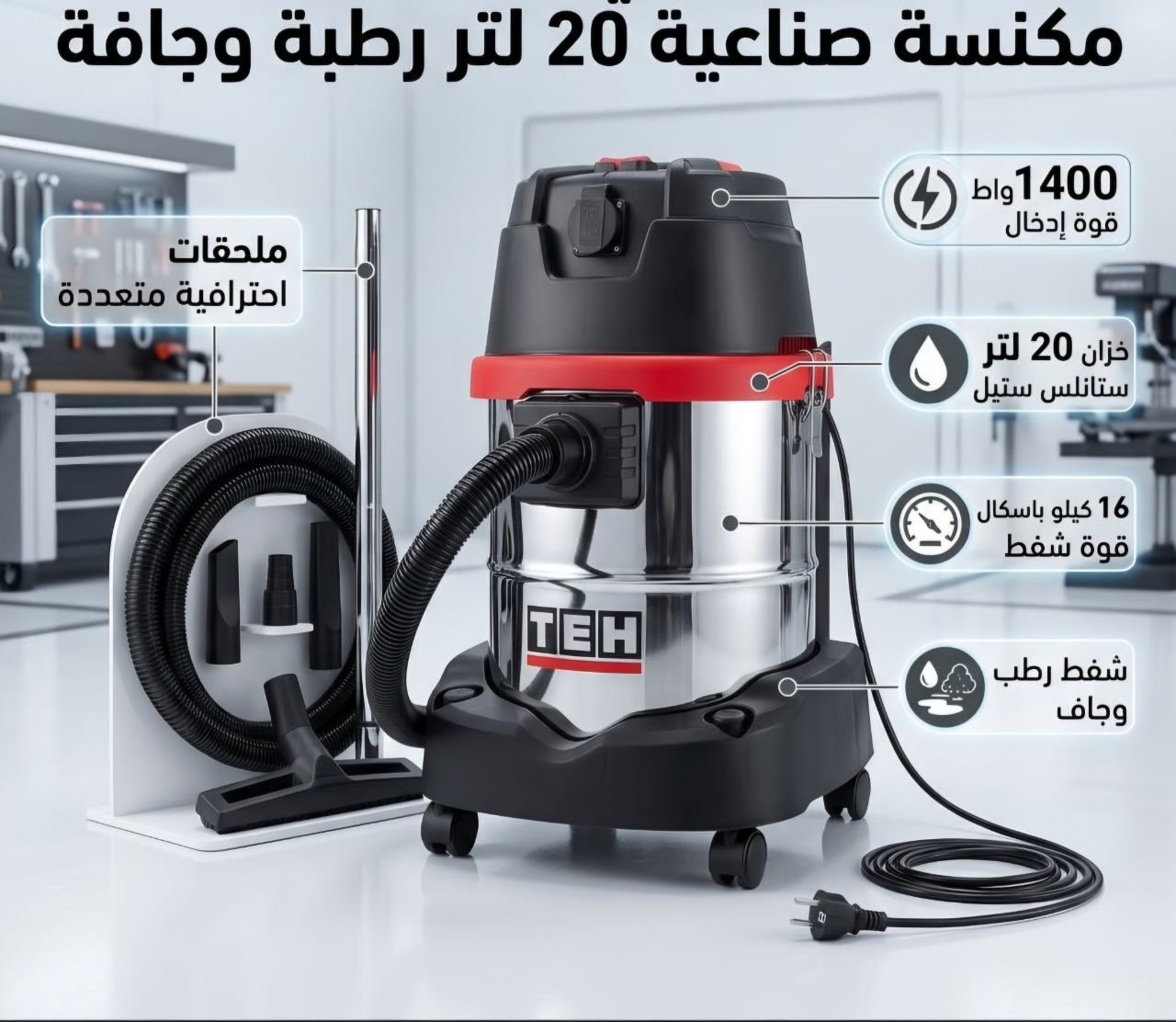 Aspirateur Industriel Eau et Poussière 20L 1400W TEH TV20L – Image 3